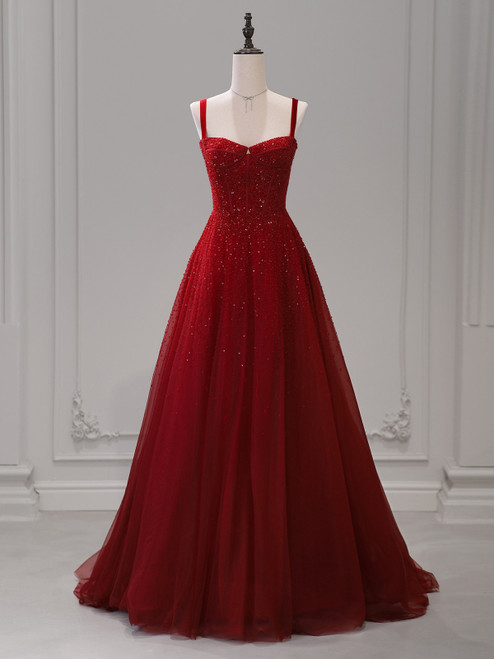 Burgundy Tulle Straps Beading Prom Dress