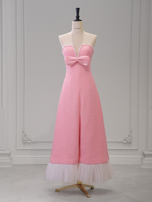 Pink Strapless Pearls Bow Prom Dress