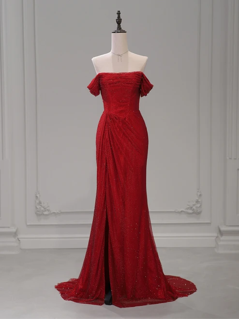 Burgundy Mermaid Off the Shoulder Pleats Prom Dress