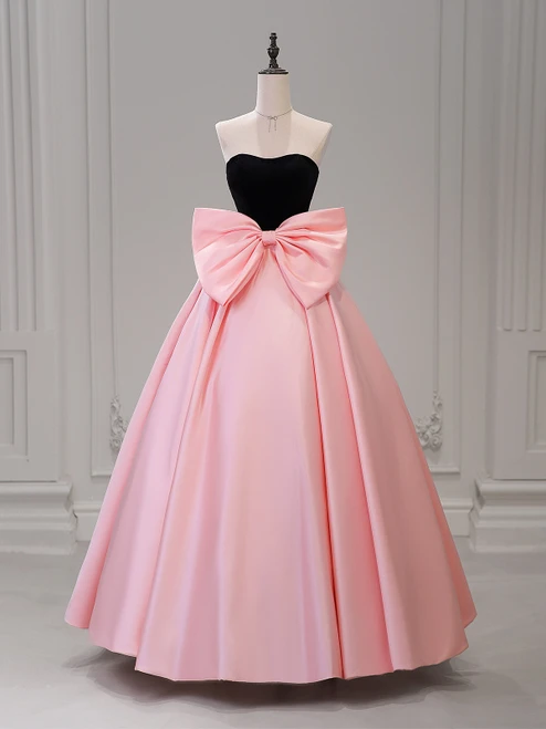 Pink Satin Strapless Bow Prom Dress