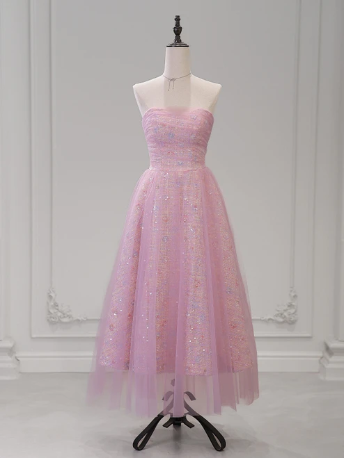 Pink Tulle Sequins Strapless Prom Dress