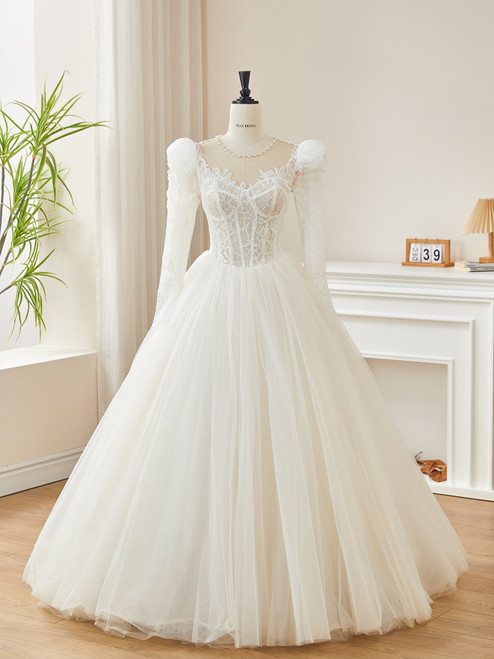 White Tulle Lace Long Sleeve Wedding Dress