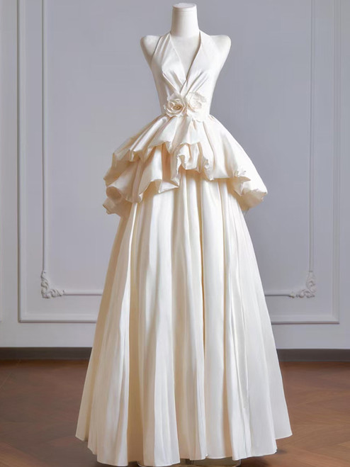 Ivory V-neck Flower Wedding Dress
