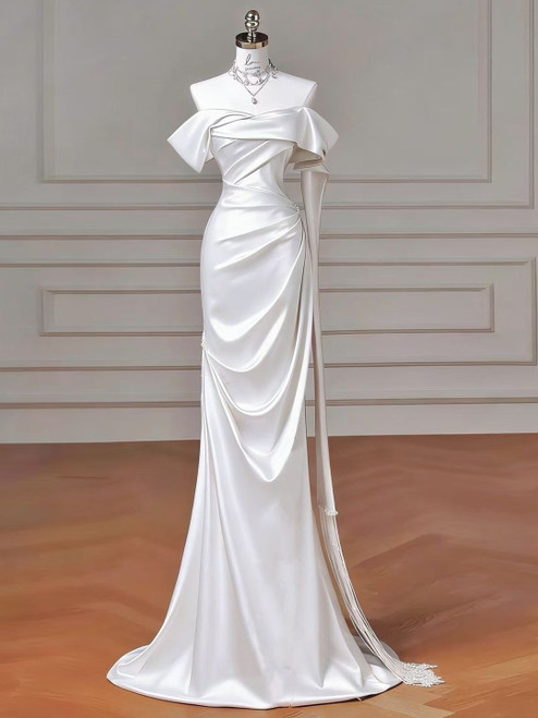 Beige White Mermaid Satin Pleats Wedding Dress