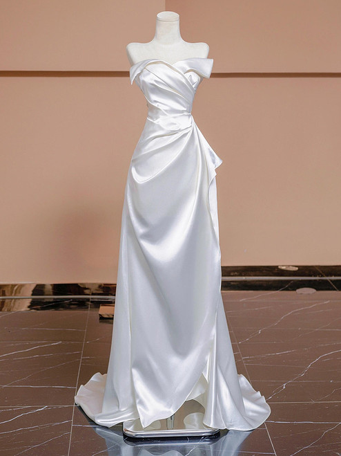 Beige White Satin Strapless Pleats Wedding Dress