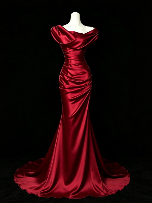 Burgundy Mermaid Satin Pleats Prom Dress