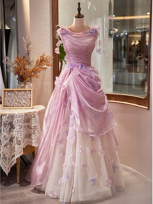 Purple Tulle Pleats Flower Prom Dress