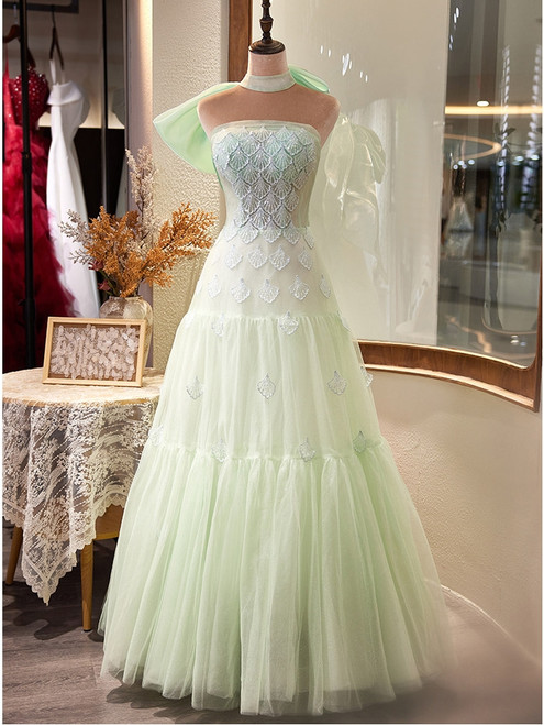 Green Tulle Sequins Strapless Prom Dress