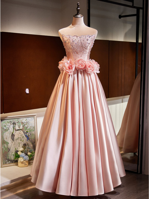 Pink Satin Strapless Beading Flower Prom Dress
