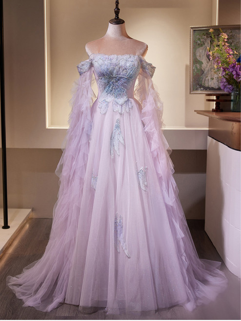 Purple Tulle Off the Shoulder Sequins Beading Prom Dress