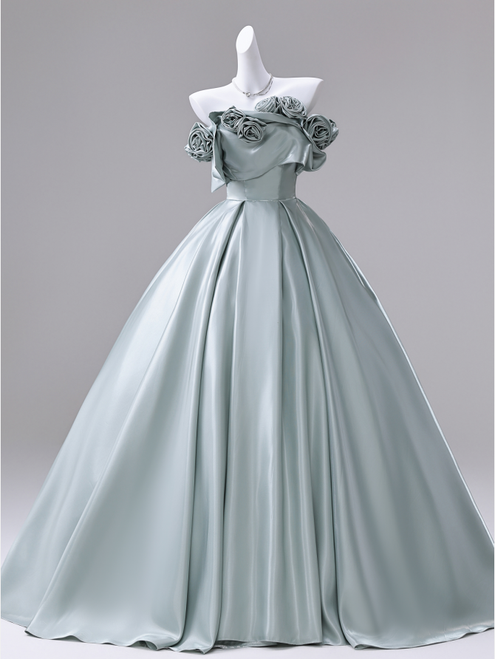 Green Satin Strapless Flower Quinceanera Dress