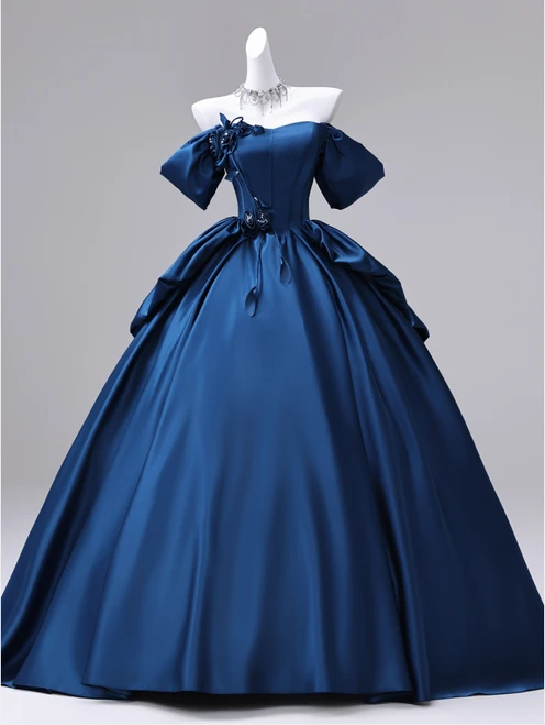 Navy Blue Satin Off the Shoulder Quinceanera Dress