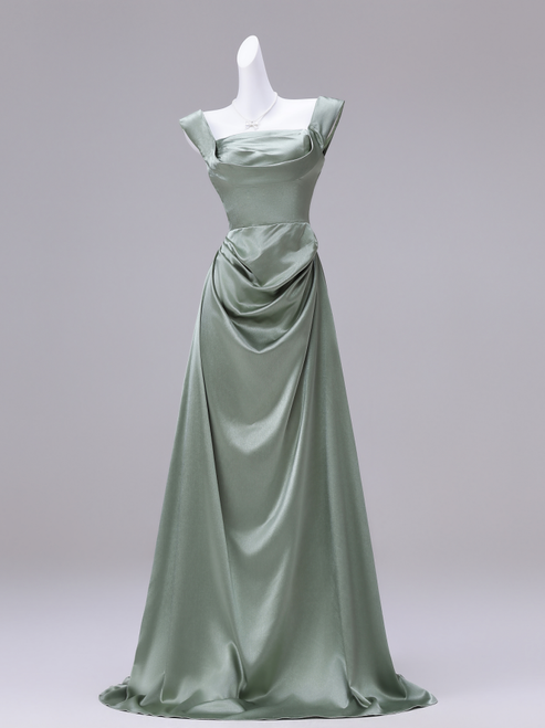 Green Satin Straps Pleats Prom Dress