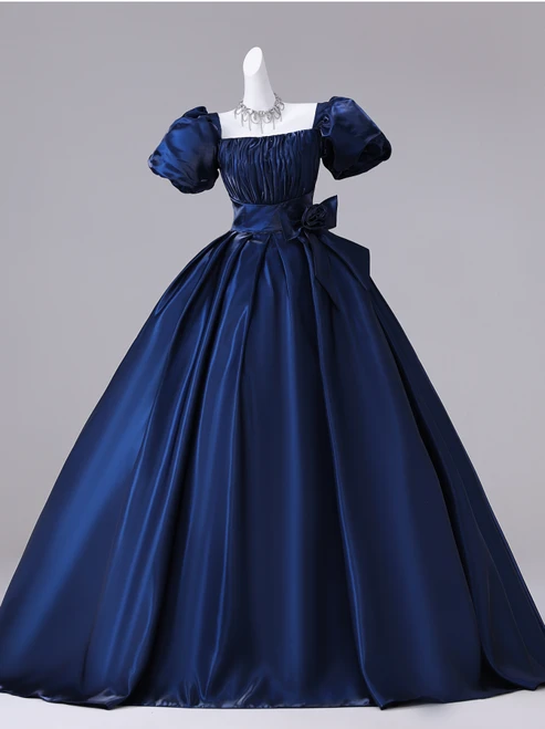 Navy Blue Puff Sleeve Pleats Flower Quinceanera Dress