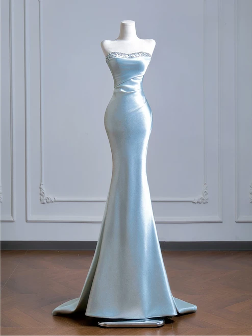 Blue Mermaid Strapless Prom Dress