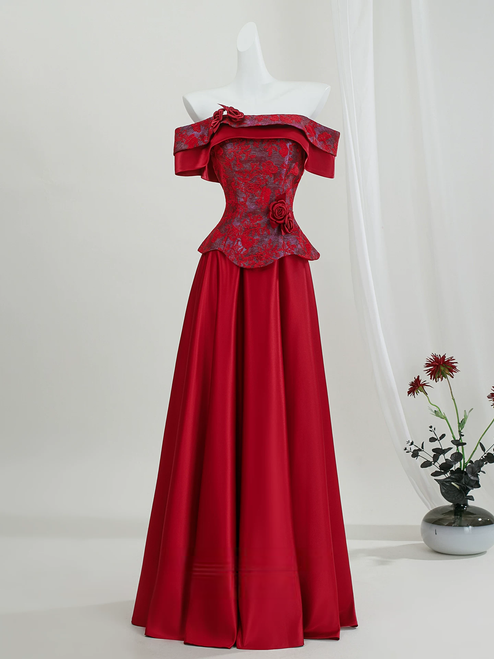 Burgundy Off the Shoulder Print Prom Dress