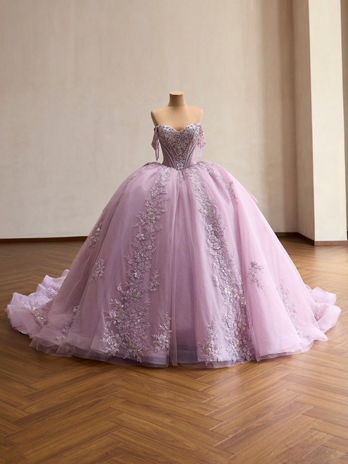 Light Purple Tulle Appliques Beading Prom Dress
