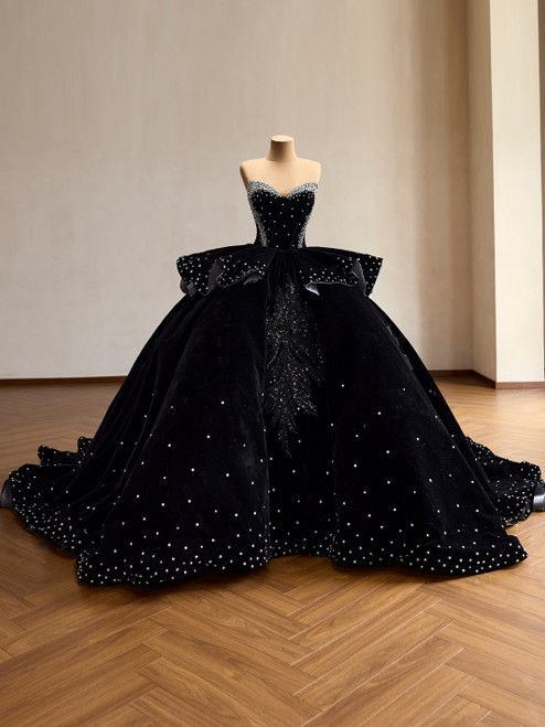 Black Velvet Strapless Beading Prom Dress
