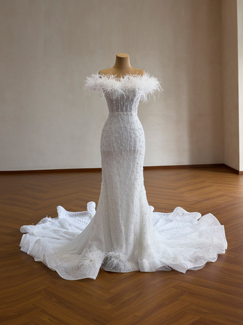 White Mermaid Tulle Off the Shoulder Beading Wedding Dress