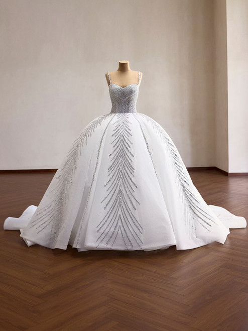 White Tulle Sequins Straps Wedding Dress
