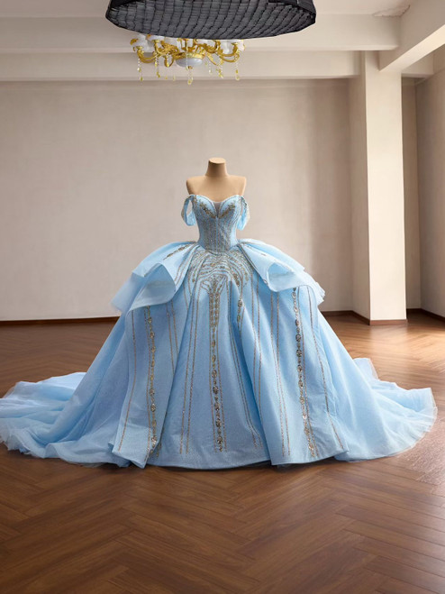 Blue Tulle Sequins Appliques Prom Dress
