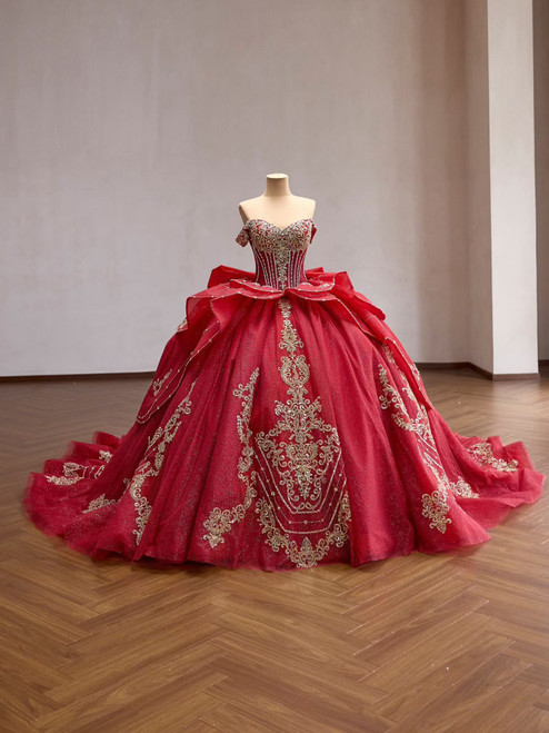 Red Tulle Sequins Appliques Prom Dress