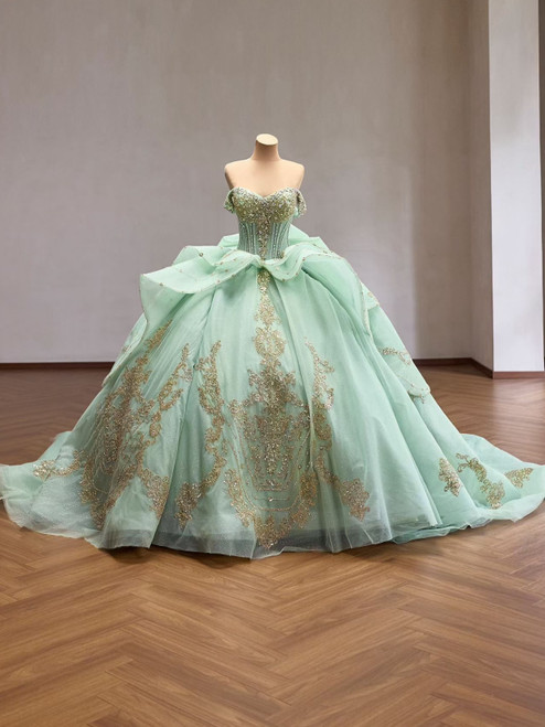 Green Tulle Sequins Appliques Prom Dress