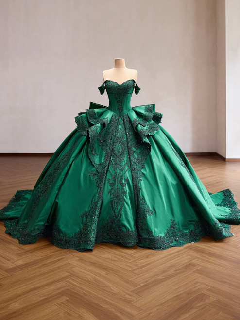 Green Satin Off the Shoulder Appliques Prom Dress