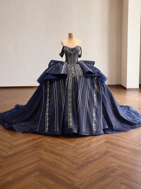 Navy Blue Off the Shoulder Tulle Appliques Prom Dress