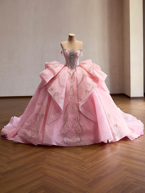 Pink Tulle Appliques Crystal Prom Dress
