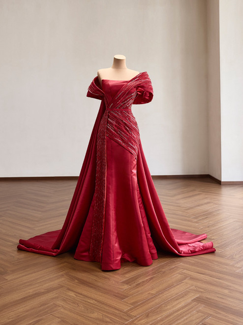 Red Mermaid Satin Satin Pleats Prom Dress