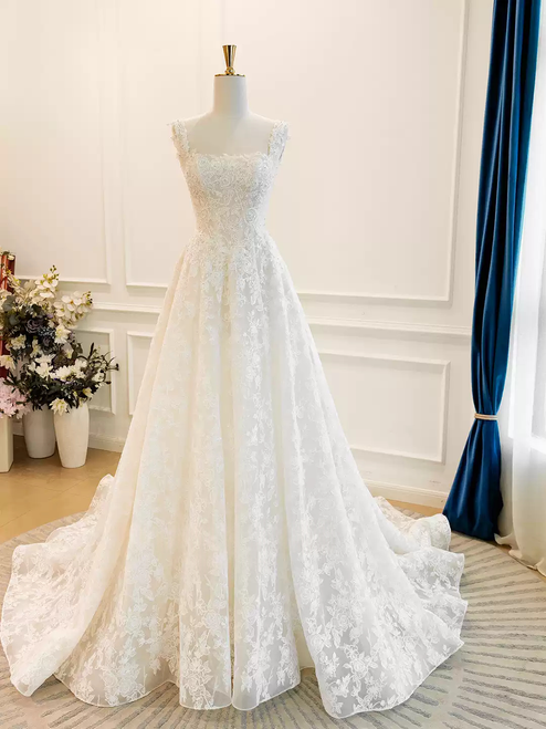White Lace Straps Wedding Dress
