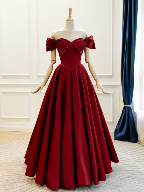 Burgundy Satin Off the Shoulder Beading Prom Dress