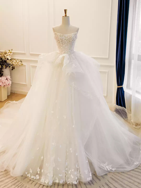White Tulle Strapless Flower Beading Wedding Dress