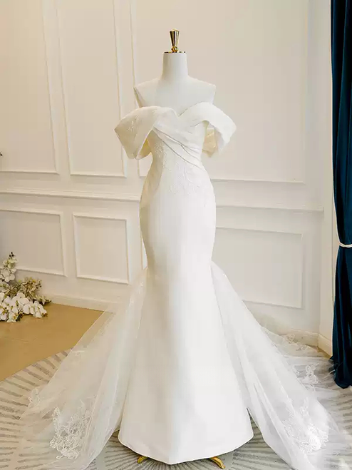Beige White Mermaid Tulle Appliques Wedding Dress