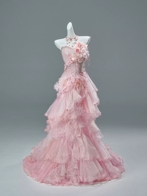 Pink Tulle Sequins Flower Prom Dress