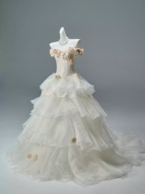 Beige White Tulle Off the Shoulder Flower Prom Dress