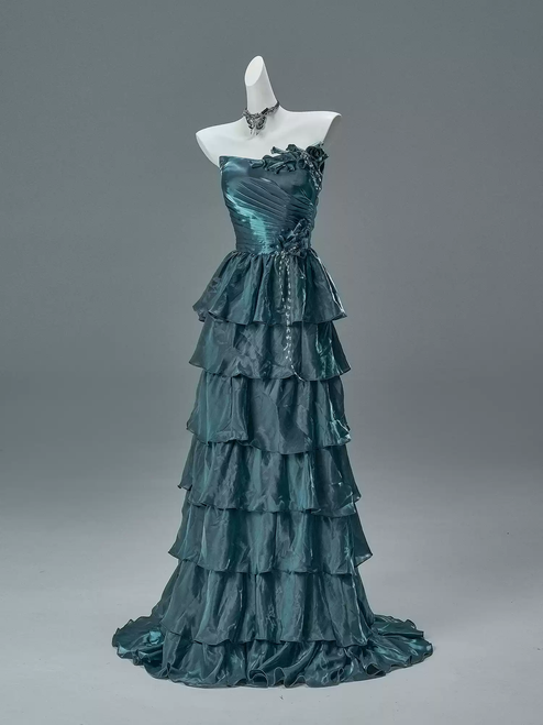 Blue Green Strapless Pleats Prom Dress