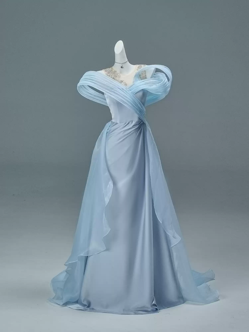 Blue Satin Pleats Beading Prom Dress