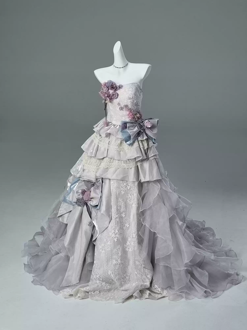 Purple Tulle Strapless Lace Flower Prom Dress