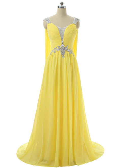 V-neck Cap Sleeves Chiffon Crystals Open Back Long Evening Dresses