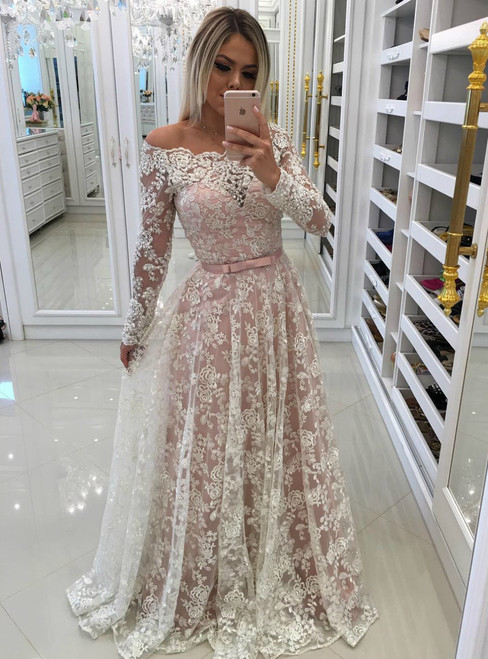2018 Sheer Lace Off Shoulder Evening Dresses with Long Sleeves