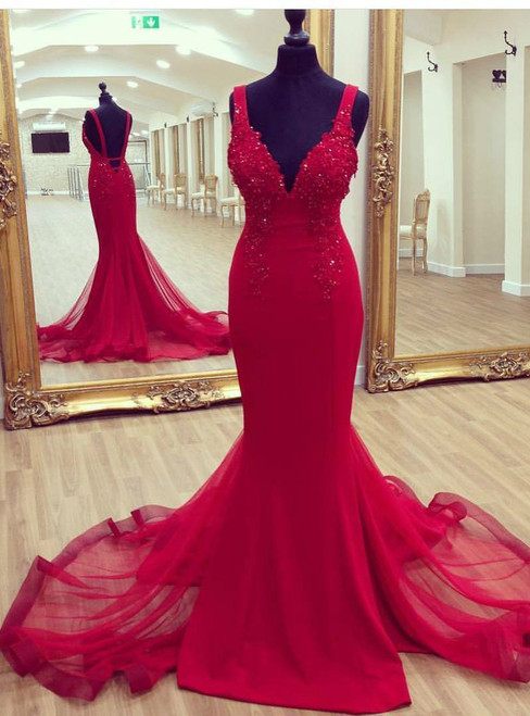 Back Open Red Mermaid Evening Dresses