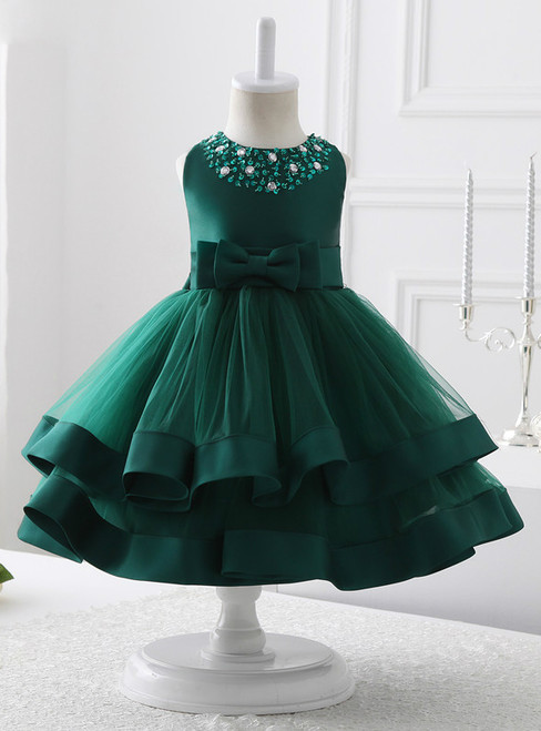 A-Line Green Tulle Short Flower Girl Dress With Beading