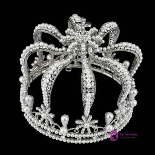 Luxury Vintage Silver Color Rhinestone Simulated Pearl Wedding Crown