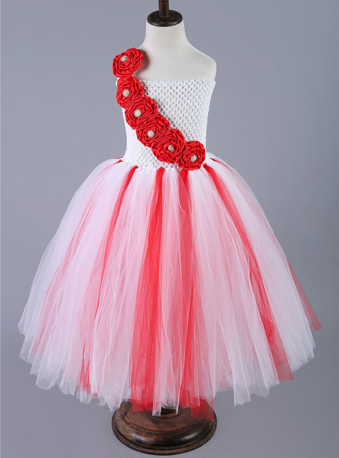 Girls Christmas Dress Red White Flower Girl Tulle Children Wedding Pageant Ball Gowns