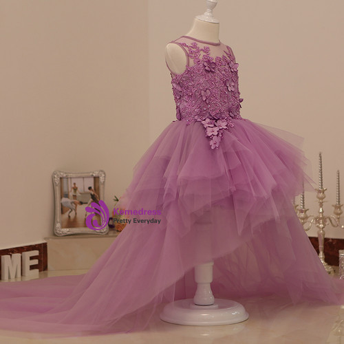 Hi-Low Pleated Tulle Wedding Flower Girl Dress Kids Birthday Pageant Gown