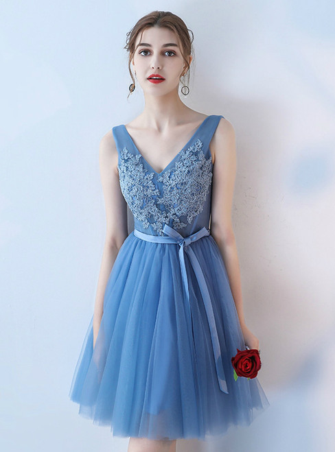 Blue A-line V-neck Applique Tulle Short Prom Dress Homecoming Dress