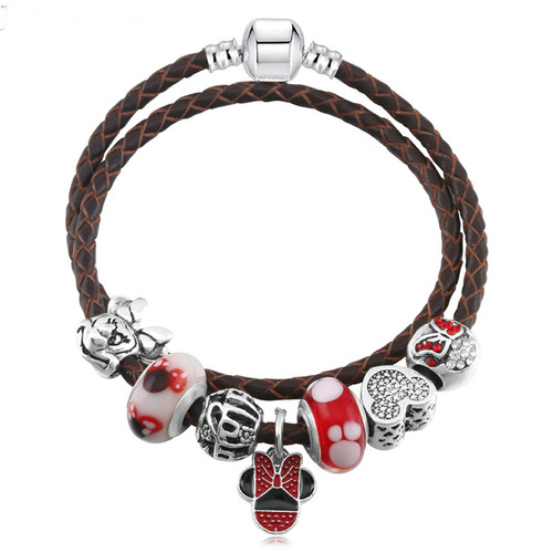 Double Woven Leather Charm pan Bracelet With Mickey Crystal bead and Dangle Jewelry