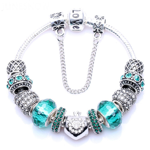 Green Sliver plated Glass Bead Heart Charm Bracelets for Women